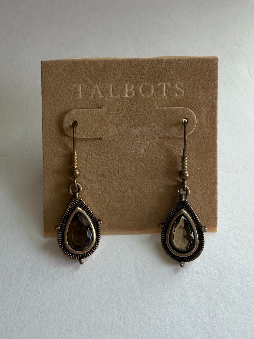 Talbots Antique Bronze Teardrop Earrings with Smoky Quartz Stones NWT